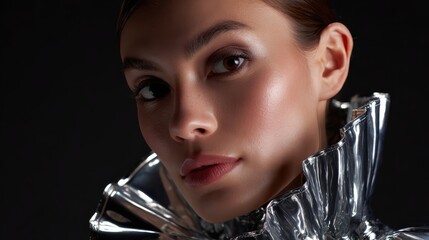 Fashion model dressed in futuristic metallic attire striking a dramatic pose in a high-contrast studio setup