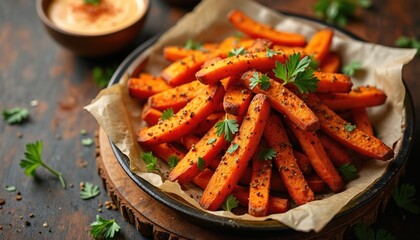 Plate of cajun seasoned sweet potato fries, crispy golden brown with spicy seasoning and fresh herbs garnish. Delicious vegetable side dish, perfect for lunch or dinner. Healthy, tasty, savory meal.