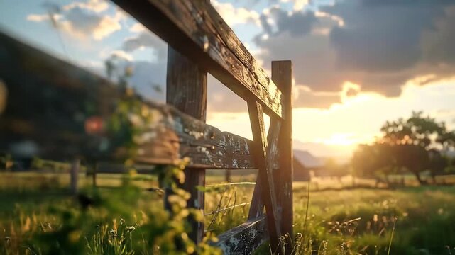 Rustic Farm Fence at Sunset: Golden Hour Countryside View