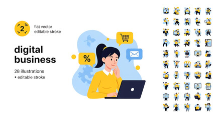 Business and technology illustrations. Concepts of web design and development, startup and online business, seo, app development, e-commerce, strategy and planning, communication.