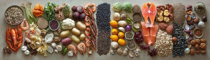 Healthy Variety of Seafood and Grains Flat Lay