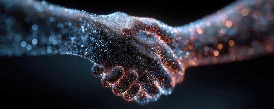 Handshake shown in digital futuristic style concept. Digital handshake symbolizing partnership and collaboration.