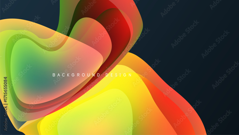 Poster abstract colorful shapes overlap, creating dynamic fluid design. background is dark, contrasting vib