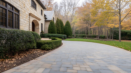 Fototapeta premium Estate home with brick driveway, landscaped bushes, and trees with autumn leaves. The stone building creates a welcoming scene.