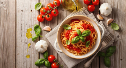 Delicious classic spaghetti with fresh tomato sauce and basil, beautifully arranged on a rustic wooden table, evoking authentic Italian comfort.