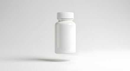 Realistic floating white plastic pill bottle mockup with blank label on clean background, perfect for medical, supplement, and pharmaceutical product branding and commercial design.