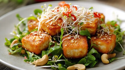 Crispy fried tofu salad with cashews and sprouts