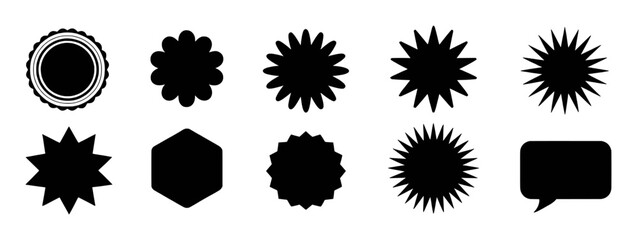 Collection of Black Starbursts, Seals, and Speech Bubble Icons