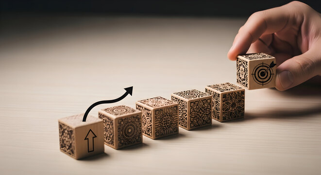 Business growth concept with upward arrow and target on wooden blocks