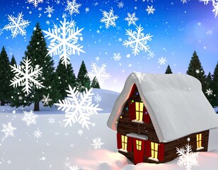 Winter scene with a cozy cabin