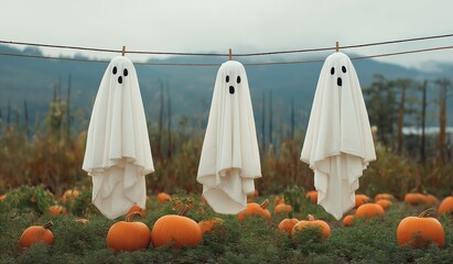 white ghost costume halloween decorations hanging on a clothesline, with smiling faces. pumpkins are in front of them on the grassy field