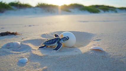 Obraz premium Baby sea turtle hatching on the beach