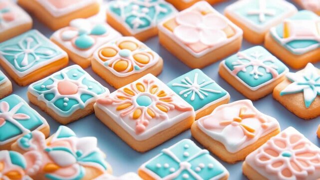 Colorful geometric iced cookies with pastel floral and geometric designs. Cinco de Mayo, Battle of Puebla Day, Mexican Heritage Festival - Latin American Cultural Celebration