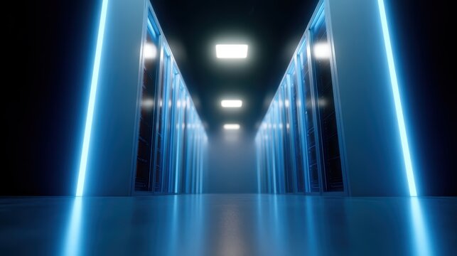 A 3D render of a futuristic server room with glowing blue light, symbolizing data processing and cloud technology.