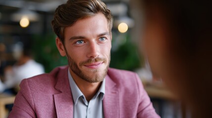 A business casual-dressed professional having a one-on-one meeting with a client in a modern cafe.