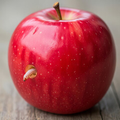 A worm coming out of the hole in a red apple