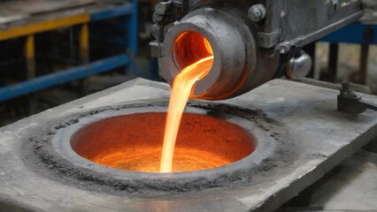"Industrial Metal Casting Process in Factory Setting with Molten Metal Pouring into Bowl Creating a Bright Orange Glow"