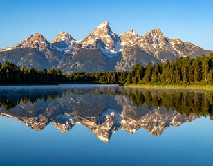 Mountain peaks reflected in a calm lake at dawn