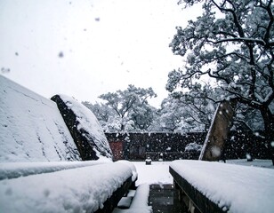 Winter scene with snow-covered structures and trees