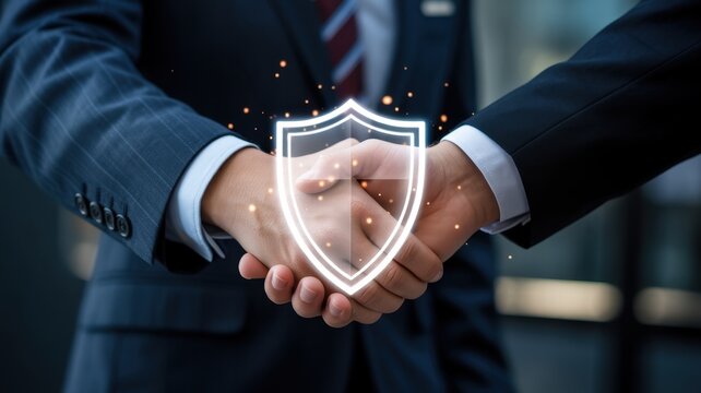 Safety in Partnership: Two business figures in formal attire seal a deal with a firm handshake, a symbol of agreement and commitment with glowing security shield overlaying their hands.