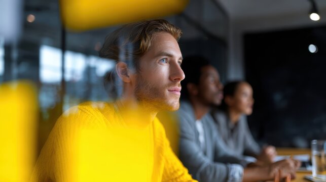 A dynamic shot of a marketing team brainstorming in a creative office space.