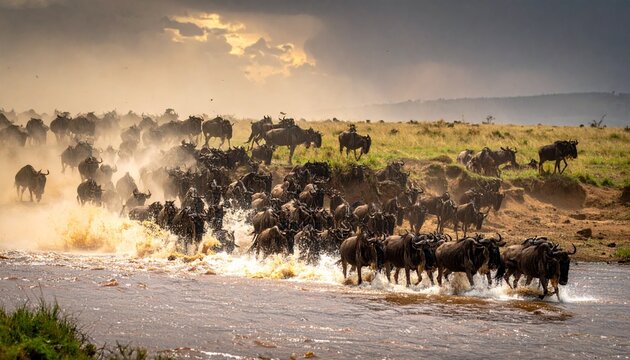Dramatic Kenyan crossing herds while migration predators nearby wait wildebeest river massive savanna