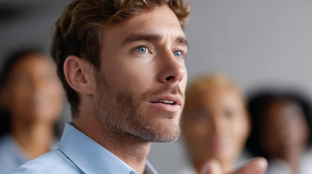 A business man in business casual attire giving a presentation to a diverse group of colleagues.