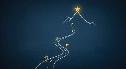 未来への戦略的ロードマップとビジョン。目標達成への道のりを描く、手書きの黒板イラスト背景。