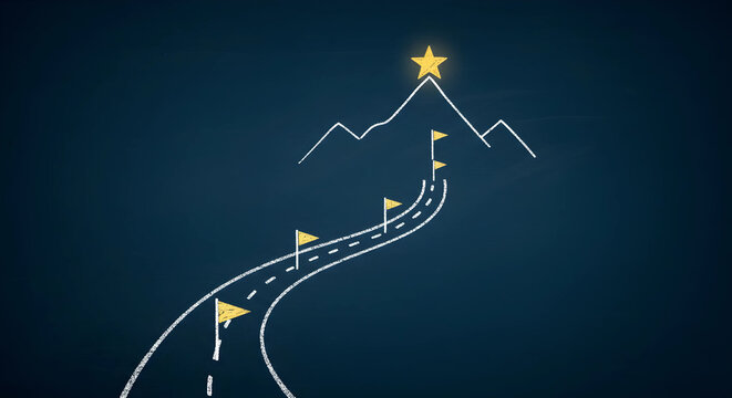 未来への戦略的ロードマップとビジョン。目標達成への道のりを描く、手書きの黒板イラスト背景。