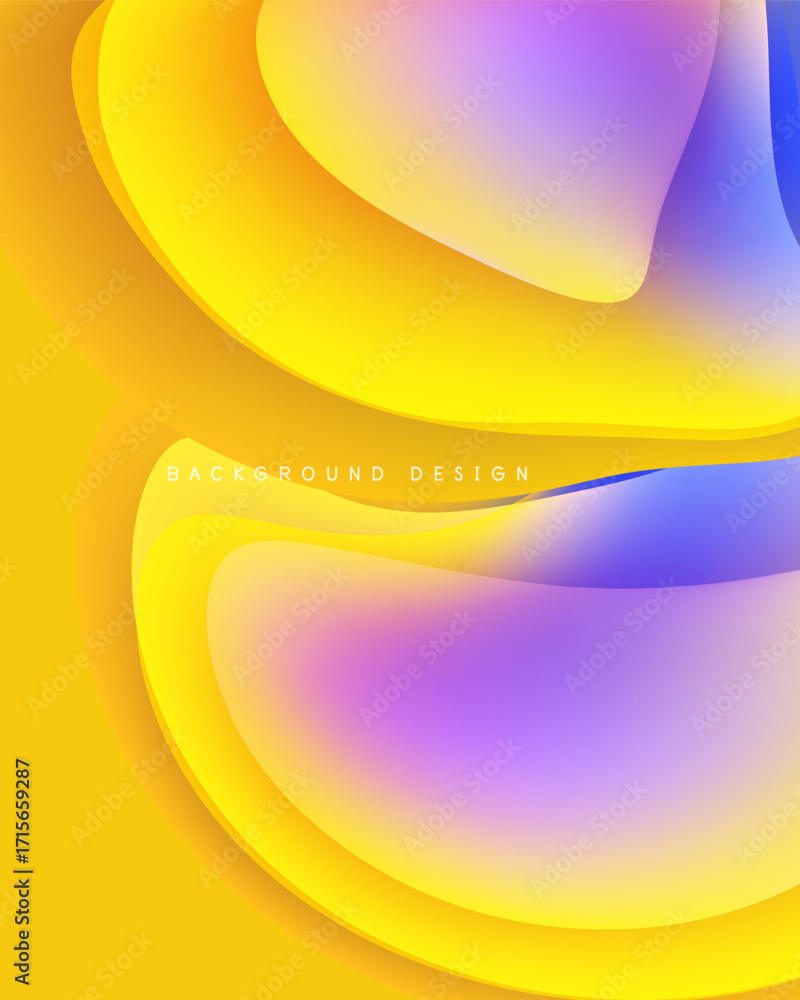 Poster abstract fluid shapes, vibrant yellow, blue, purple hues. smooth gradients create dynamic visual eff