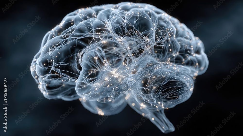 Poster the complexity of modern digital ethics concept. a translucent brain with glowing neural connections