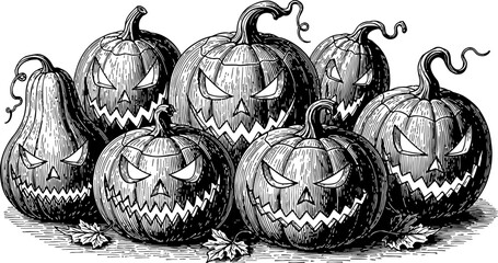 A menacing group of seven carved Halloween Jack O' Lanterns with spooky faces in a vintage black and white engraving illustration style