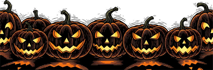 Vector illustration of a sinister row of carved Halloween pumpkins with menacing glowing faces, isolated on a white background