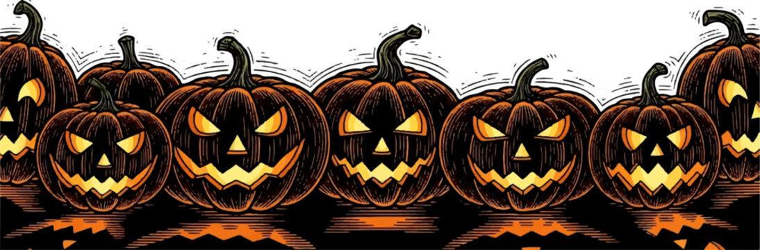 Vector illustration of a sinister row of carved Halloween pumpkins with menacing glowing faces, isolated on a white background
