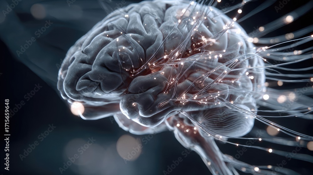 Poster the complexity of modern digital ethics concept. close-up view of a brain with glowing connections a