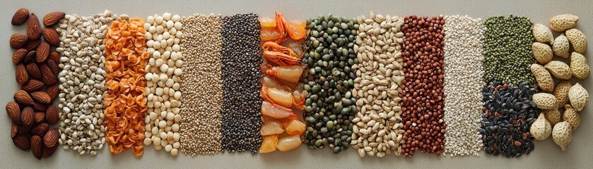 Assorted Nuts and Seeds Variety Displayed in Rows