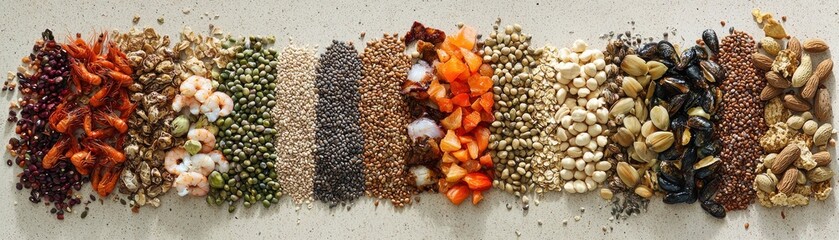 Mixed Dried Seafood and Nuts Assortment Flat Lay
