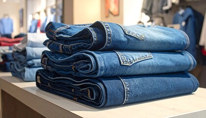 Stacked denim jeans on retail display