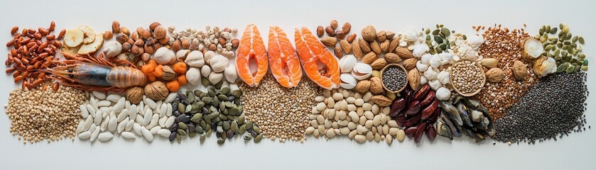 Assortment of Nuts, Seeds, and Seafood on White Background