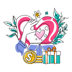 Colorful Illustration of Giving, Love, and Financial Support with Gifts.