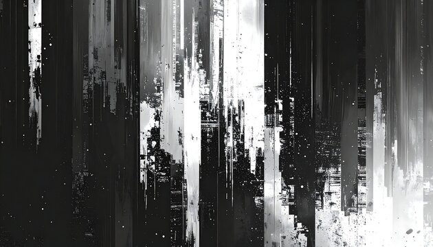Abstract artwork features vertical streaks and digital noise in grayscale. Image evokes a sense of glitch or data corruption