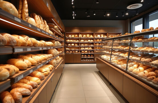 Modern supermarket bakery display features fresh artisan bread selection. Shelves filled with various breads, baguettes, loaves. Glass display cases show croissants, pastries. Warm lighting enhances