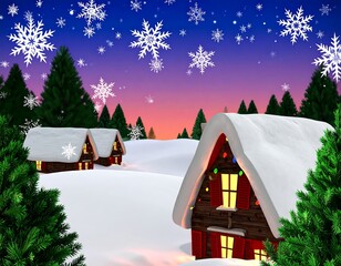 Winter scene with snow-covered houses and Christmas lights