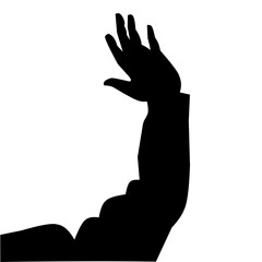 Black silhouette illustration of a raised human hand and arm, symbolizing greeting, waving, or reaching in a simple and bold graphic style.
