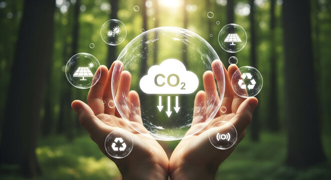 Hands cradle CO2 reduction and green energy icons in a lush forest