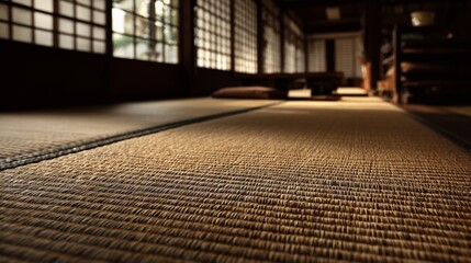 Closeup View of Traditional Japanese Tatami Mat Weaving A Detailed Look at the Intricate Patterns and Textures of