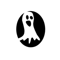 A simple, spooky black and white vector illustration of a cartoon ghost with a surprised expression, set against an oval background, perfect for Halloween designs.