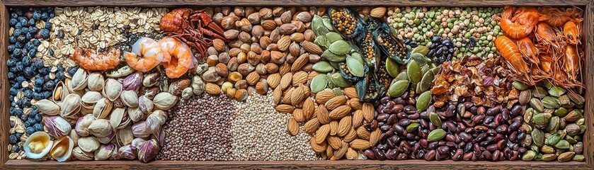 Assorted nuts, seeds, and shrimp flat lay