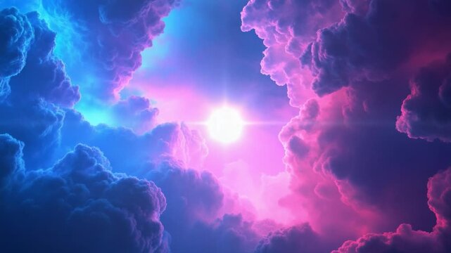 Celestial Burst: A vibrant vista unfolds as the sky transforms, painting a surreal tableau of radiant light piercing through fantastical clouds in shades of captivating colors.