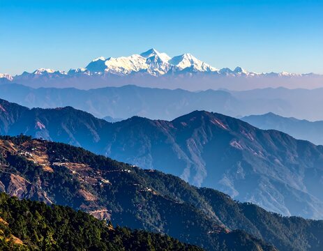 Mountain range panorama with snow-capped peak